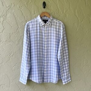 Bloomingdale's The Men's Store Large Blue Multicolor 100% Linen Plaid Shirt